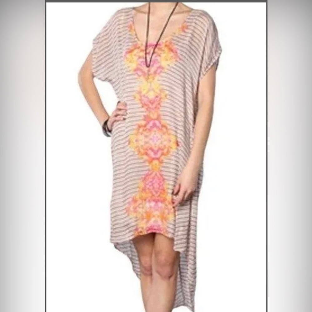 Free People Sunrise Dress Cover up Mocha Striped Floral Print High Low Size XS